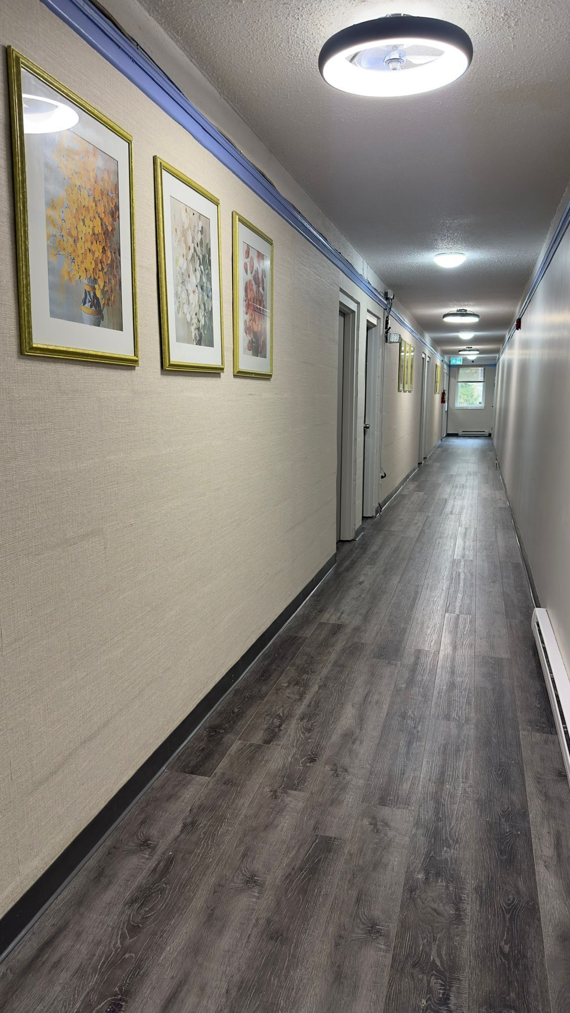 A hallway with framed artwork on the walls, a wooden floor, and recessed lighting.