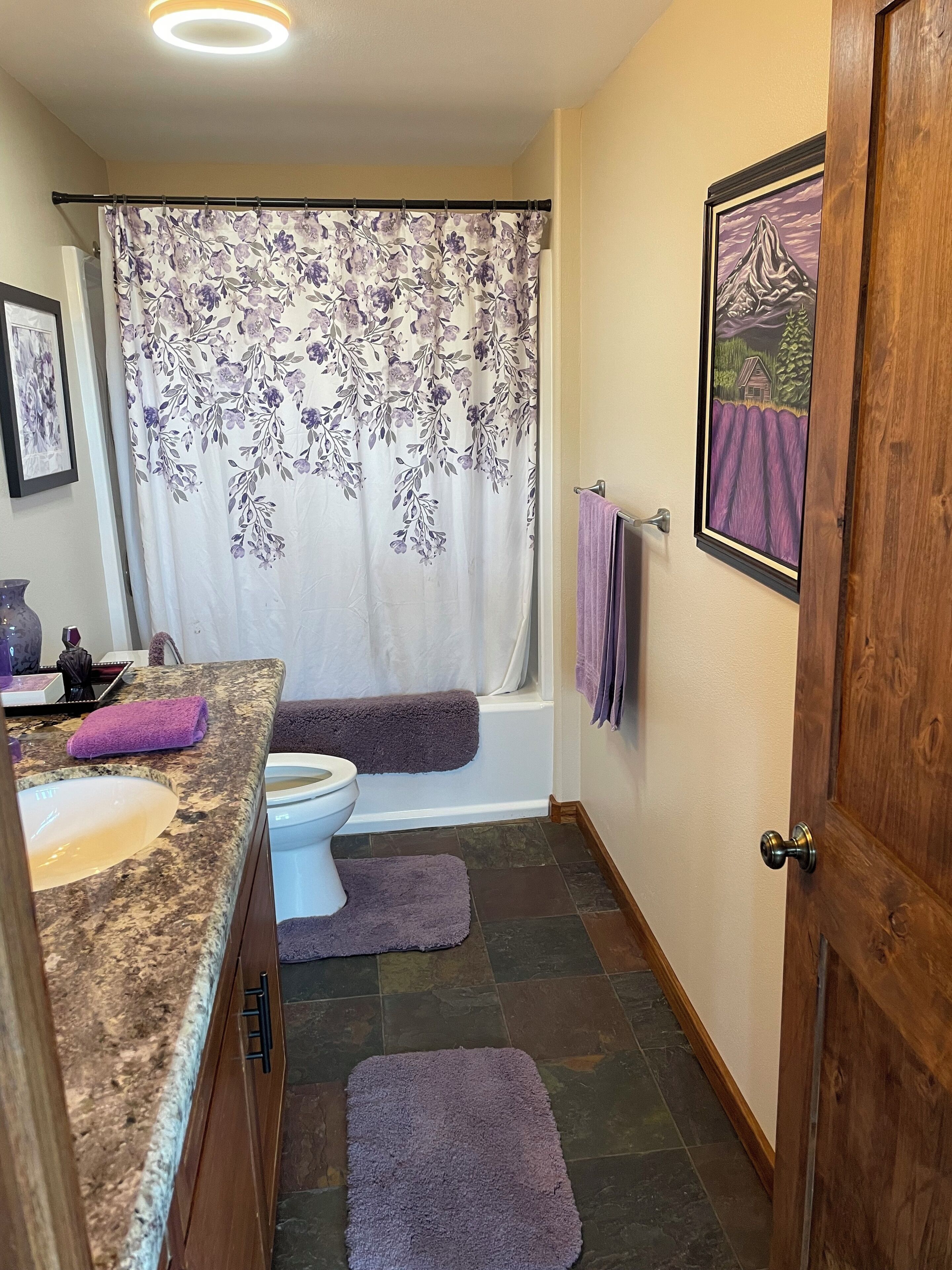A bathroom with a shower curtain, a bathtub, a toilet, and a sink.