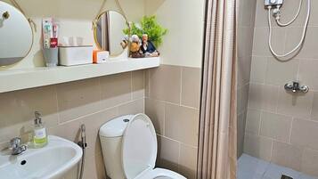 Shower, hair dryer, bidet, towels