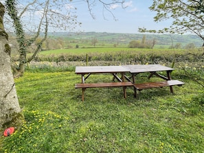 A picnic table in a grassy field with a view of rolling hills in the background. - Charming four-bed holiday home in Yarcombe sleeps eight. (Yarcombe)