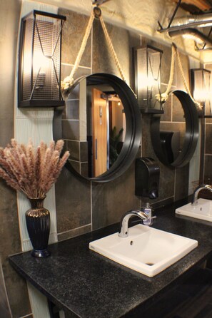 Hair dryer, towels, soap, shampoo