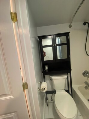 Hair dryer, towels, soap, shampoo