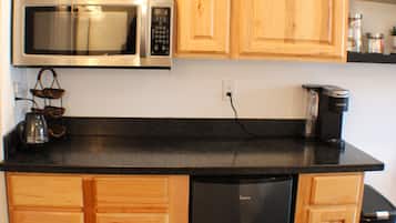 Fridge, microwave, coffee/tea maker, electric kettle