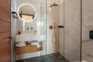 Shower, hair dryer, towels, shampoo