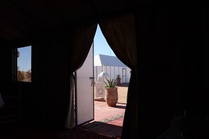An open doorway leading to a courtyard with a white building, a large potted plant, and a red carpet. - Luxury nomadic tented camp  (Merzouga)