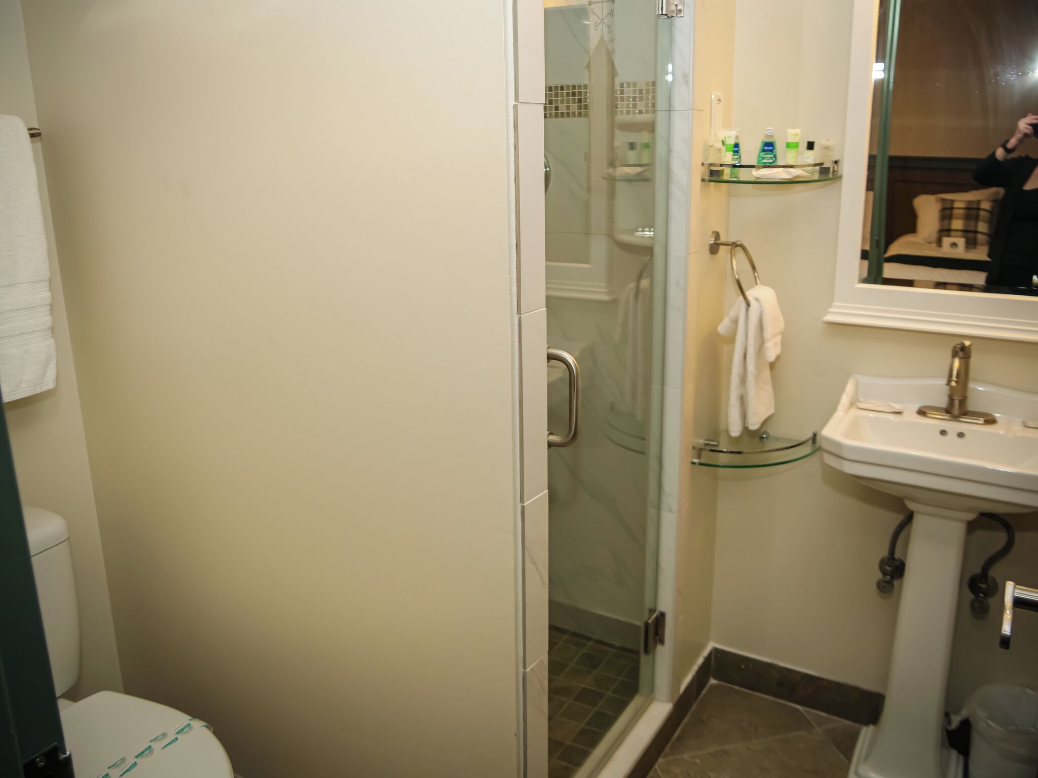 Shower, towels, soap, shampoo