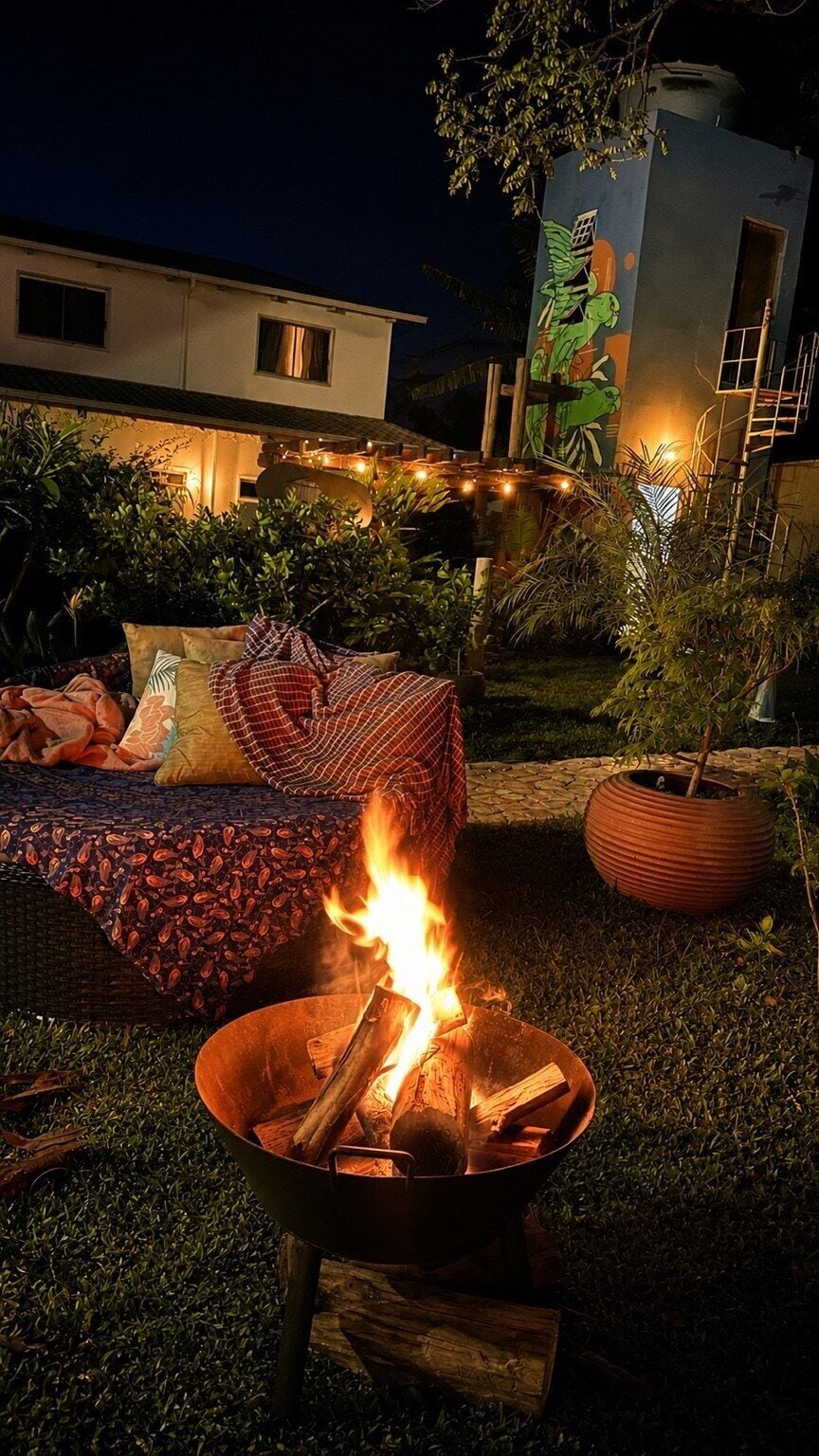 A fire pit with logs, a covered seating area with cushions, and a potted plant.