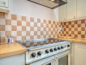 Eine Küche mit karierter Spritzschutzwand, einem Herd mit mehreren Kochfeldern und einer Holz Arbeitsplatte.