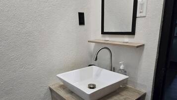 Shower, hair dryer, bidet, towels