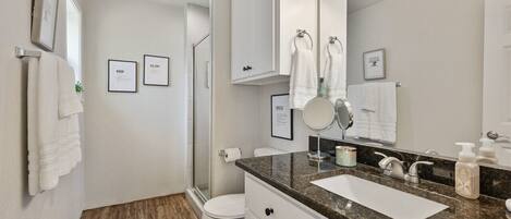 A modern bathroom with a shower, toilet, and sink. There are framed pictures on the wall and a large mirror above the sink.