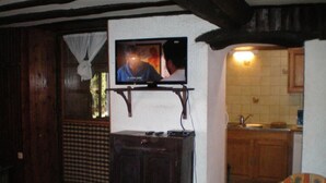 Une pièce avec un téléviseur fixé au mur, un meuble en bois en dessous, un coin cuisine avec des placards et un évier, et une chaise à motifs.
