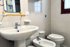 Een douche, een bidet, handdoeken