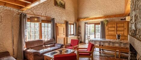 Televisión, chimenea, reproductor de DVD y estéreo