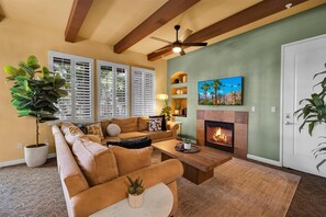 Smart TV, chimenea, libros