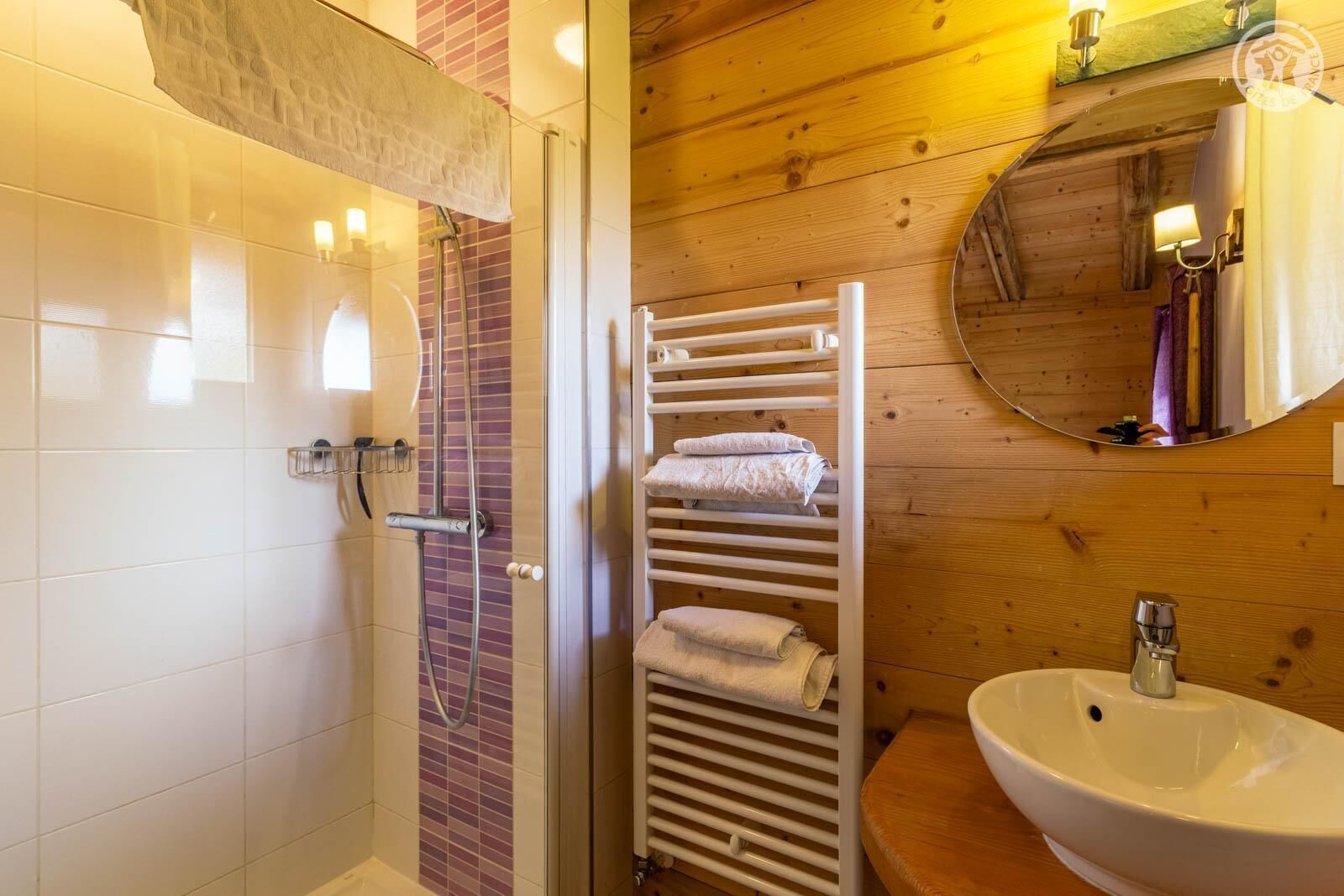 Une salle de bain équipée d’une douche, d’un porte-serviettes, d’un lavabo et d’un miroir.