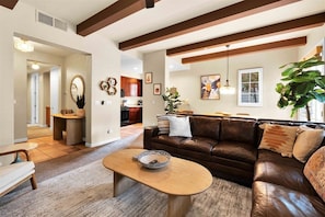 Smart TV, fireplace, books