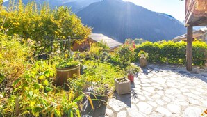 A garden with stone pathways, potted plants, and a mountain backdrop.