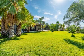 Uma casa moderna com gramado bem cuidado, palmeiras e céu limpo.
