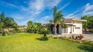 A modern house with a well-maintained lawn, palm trees, and potted plants. - Villa 'Green Garden' with Private Terrace, Wi-Fi and Air Conditioning (Carlentini)