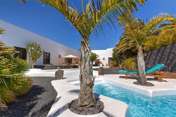 A pool area with palm trees, lounge chairs, and a modern building.