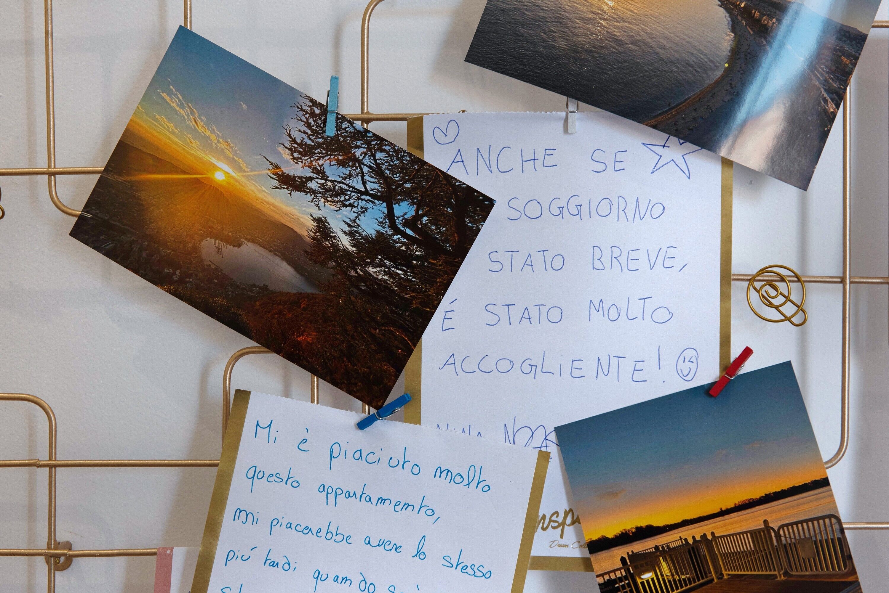 Eine Wand mit angepinnten Fotos und Notizen.