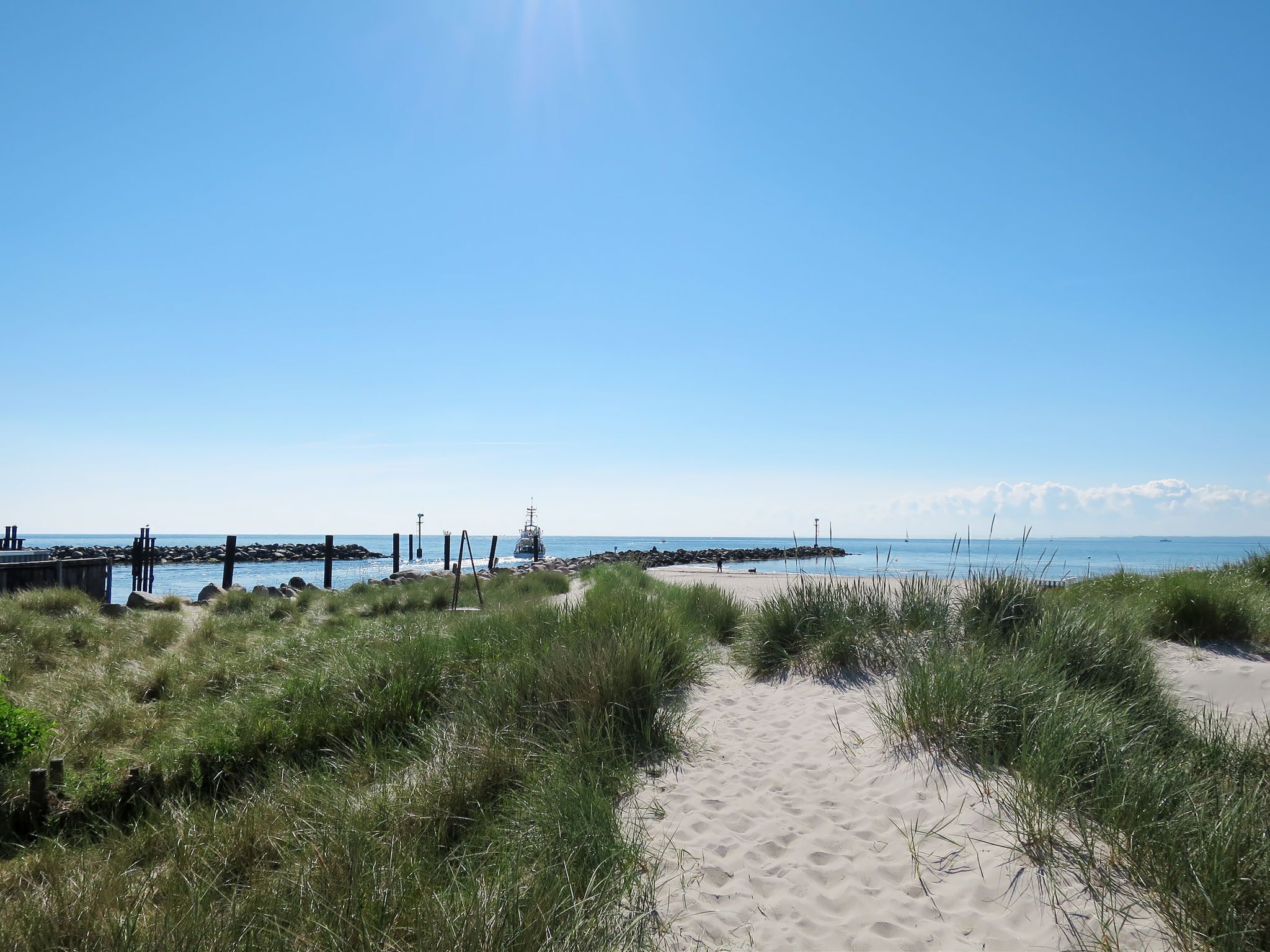 A sandy beach path with grass on either side, leading to a rocky shoreline with a pier in the background.
