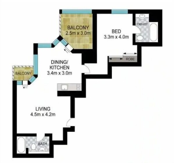 Un plan d’étage comprenant un balcon de 2,5 m x 3,0 m, un espace salle à manger/cuisine de 3,4 m x 3,0 m, un salon de 4,5 m x 4,2 m, une chambre de 3,3 m x 4,0 m et une salle de bain.