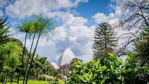 A lush garden with various plants and trees, a large dome structure, and a clear blue sky with clouds. - KozyGuru | Sydney CBD | High Level 2 Bed Studio (Haymarket)