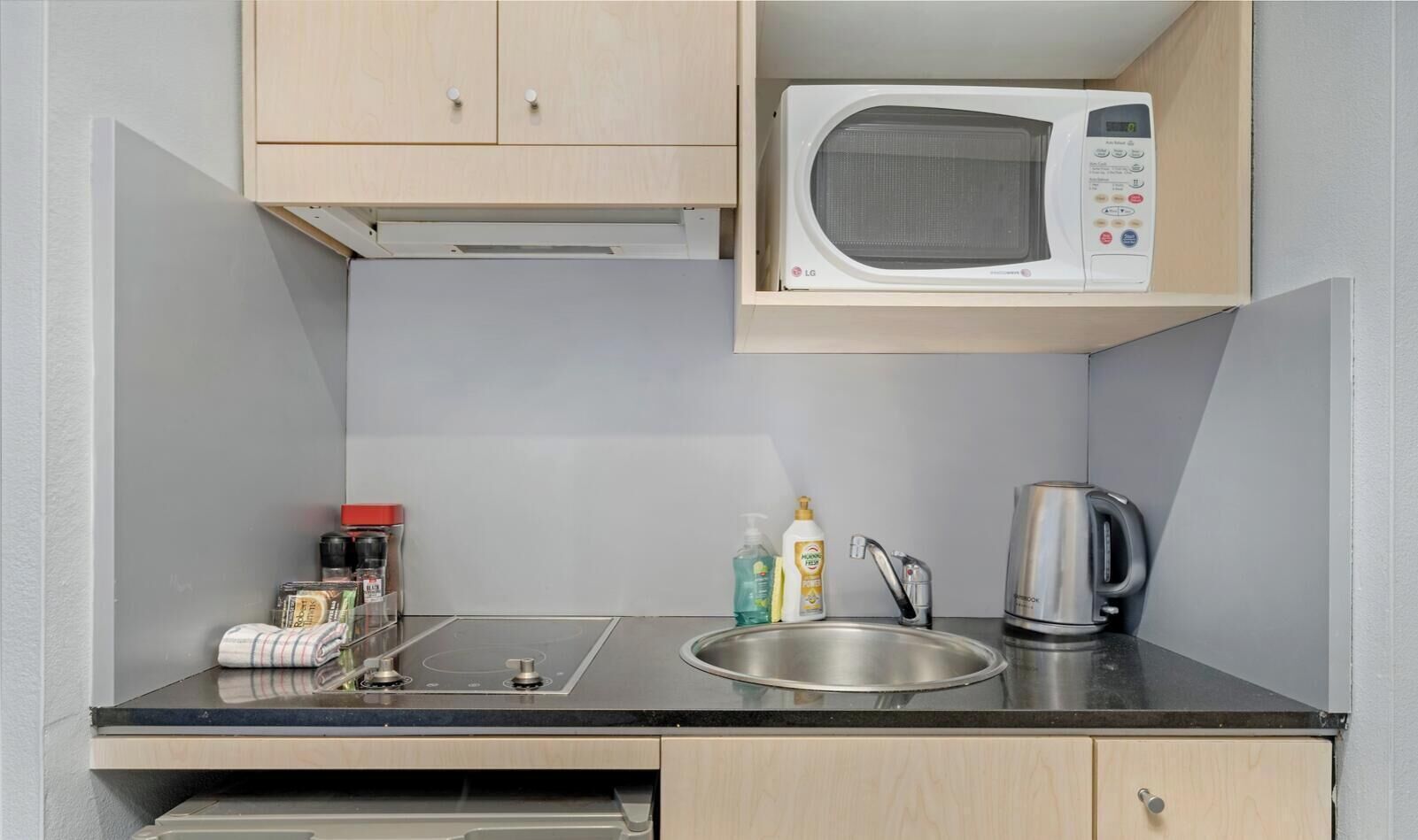 Fridge, microwave, stovetop, toaster