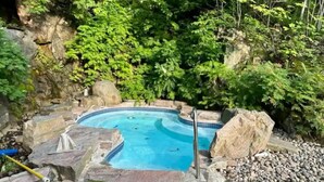 Une piscine à bordures courbes, entourée de rochers et de verdure.