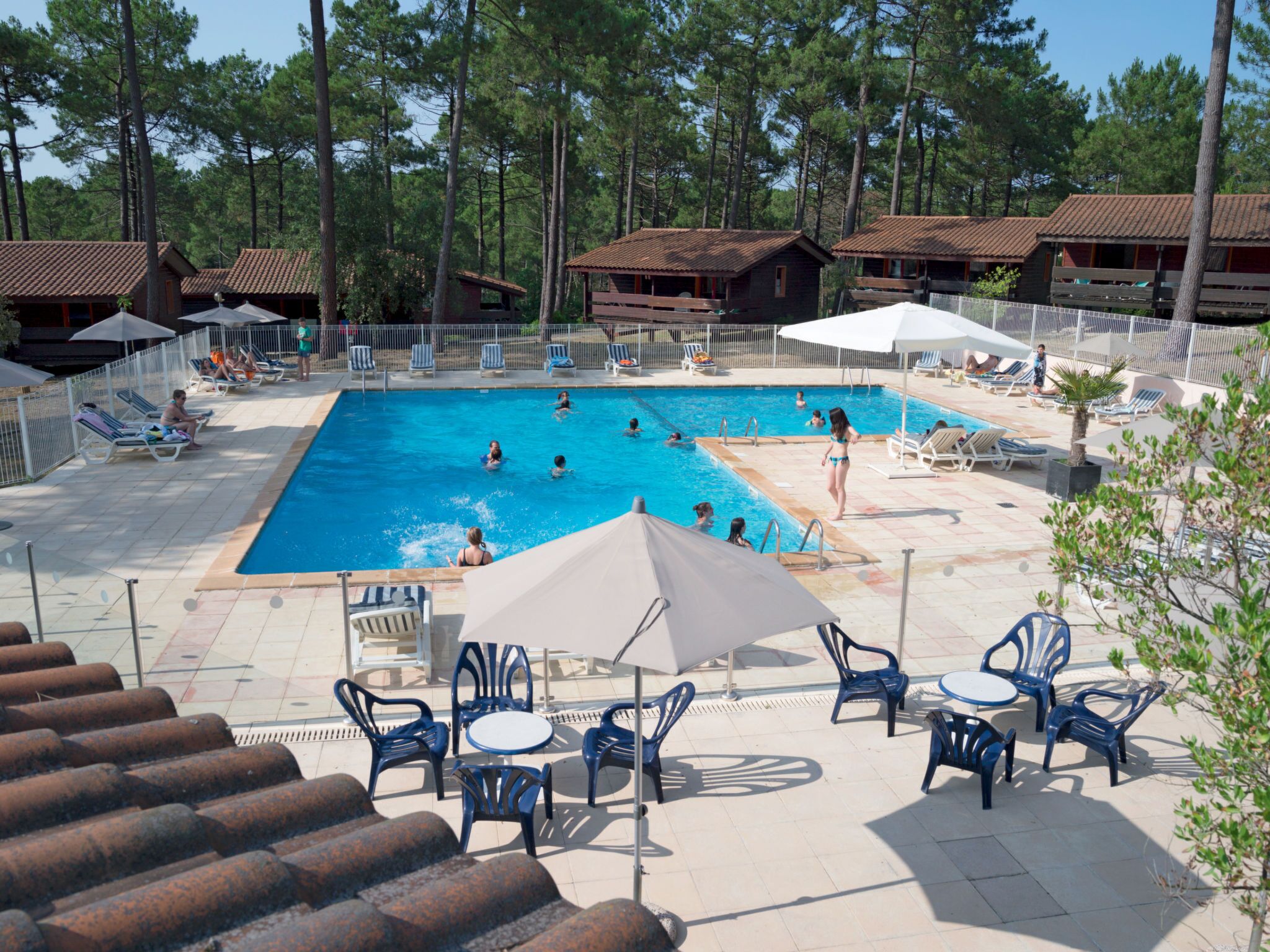 A swimming pool surrounded by lounge chairs and umbrellas, with wooden cabins in the background.