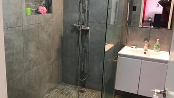 Shower, hair dryer, towels, soap