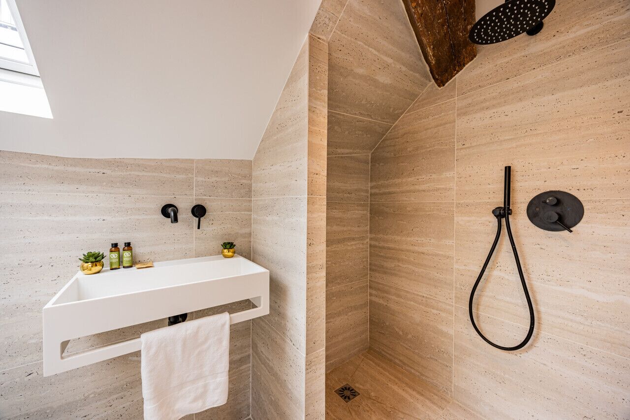 Une salle de bain moderne avec un lavabo blanc, une douche équipée d’un pommeau de douche à main et une petite plante posée sur le lavabo.