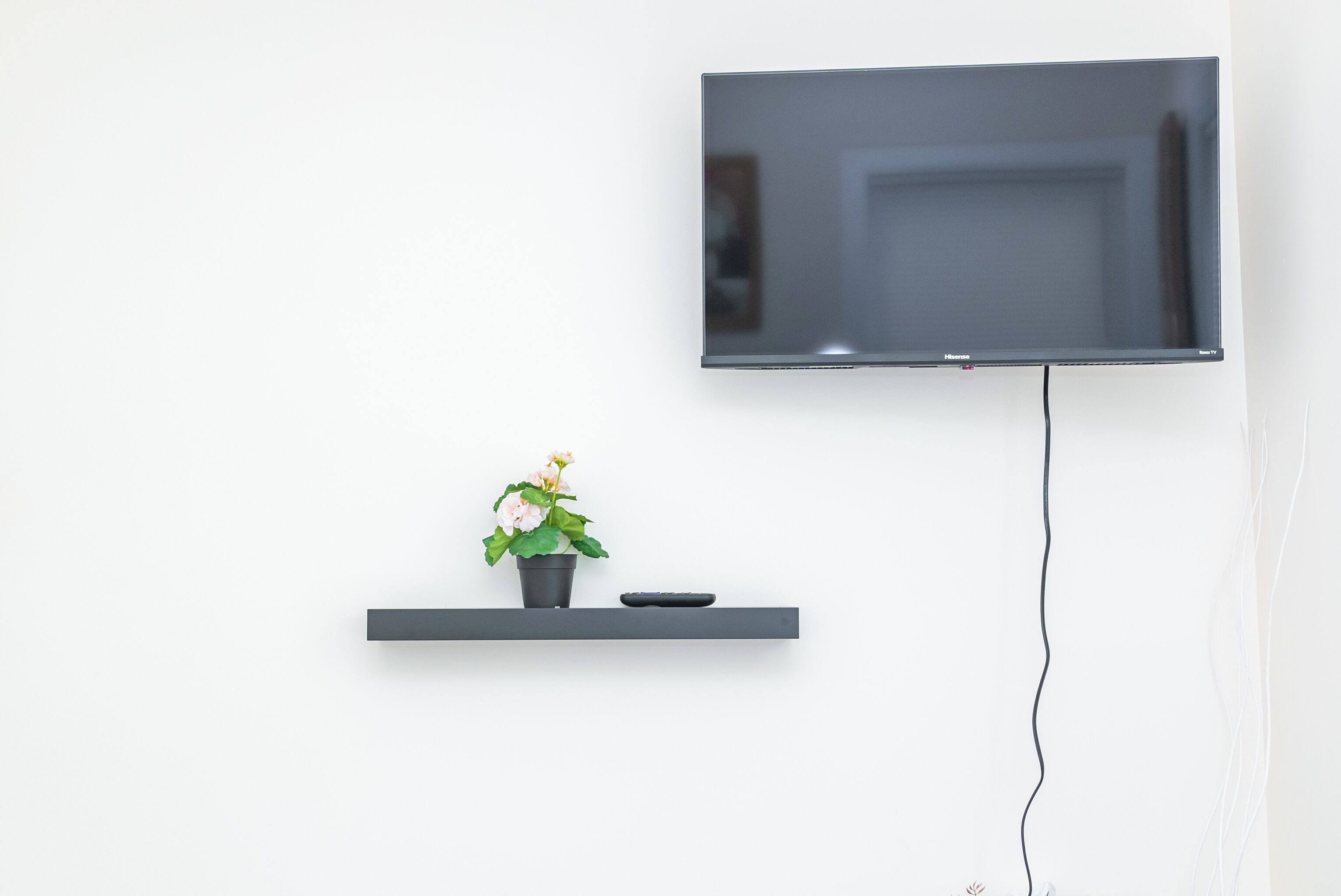 Un televisor de pantalla plana montado en una pared blanca, un estante pequeño con una planta en maceta y un control remoto.