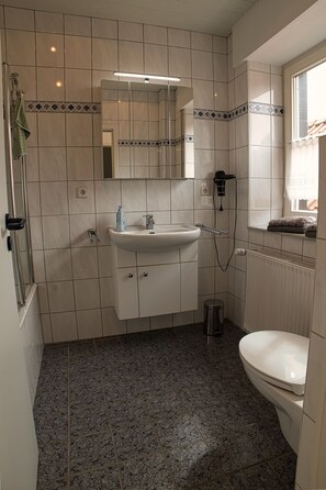 Bathroom features a sink, mirror, toilet, and window with an outside view.