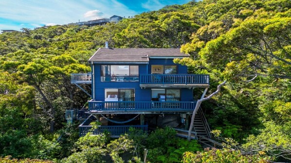 A multi-story house with a blue exterior, surrounded by dense greenery and trees. - Ocean Ridge at Killcare by HolidayCo. (KILLCARE)
