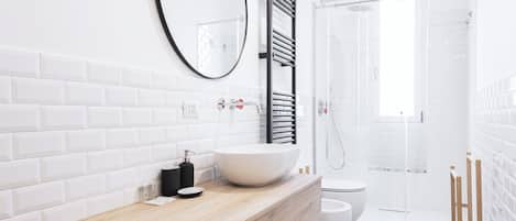 Shower, hair dryer, bidet, towels