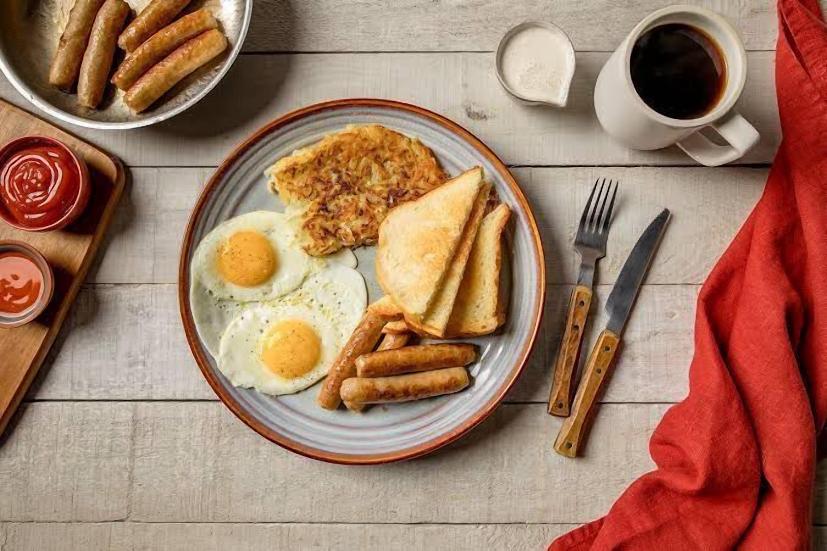 A breakfast plate with eggs, sausages, and hash browns on a wooden table with a red cloth, a cup of coffee, and a bowl of ketchup.