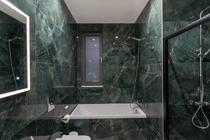 Shower, hair dryer, towels