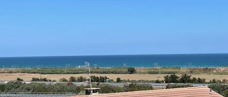 A coastal view with a tiled roof, a clear sky, and the sea in the background.