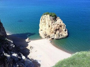 A coastal landscape with a rocky outcrop and a sandy beach. - Appartement vue mer Entre Collioure et Cadaquès (Cerbère)