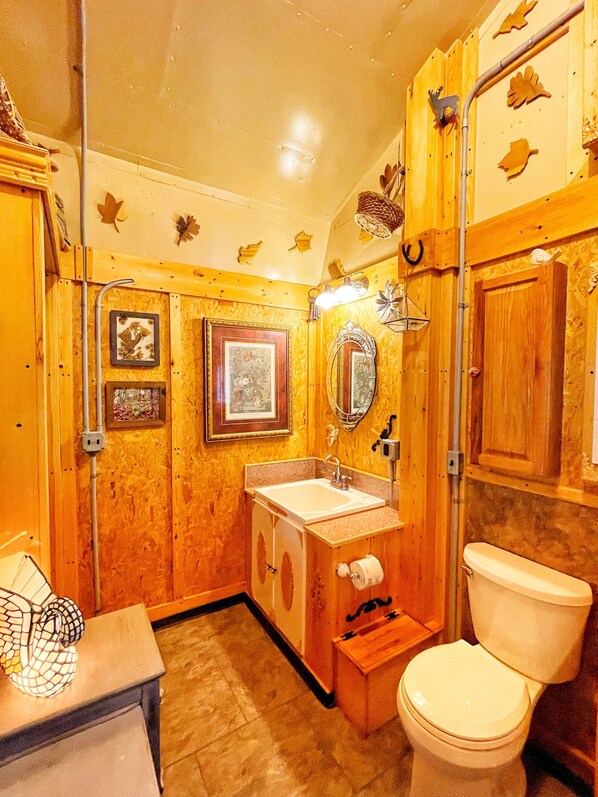A rustic bathroom with wooden walls, a sink, a toilet, and framed pictures. - Tiny Hidden Gem, WIFI, Hot tub, Fire pit, Secluded
(Cosby)