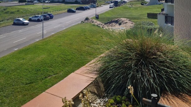 Una carretera costera con coches aparcados, una zona verde y un edificio grande con varios balcones.