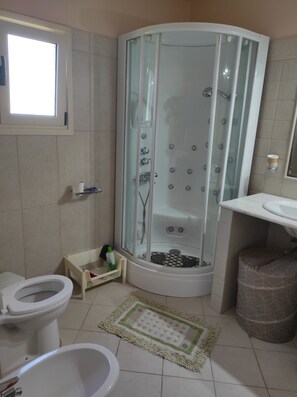 Dusche, Haartrockner, Handtücher, Seife