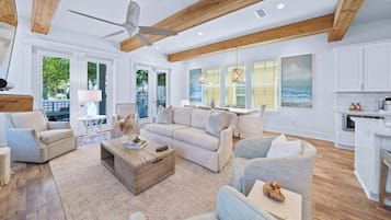 TV, fireplace, books