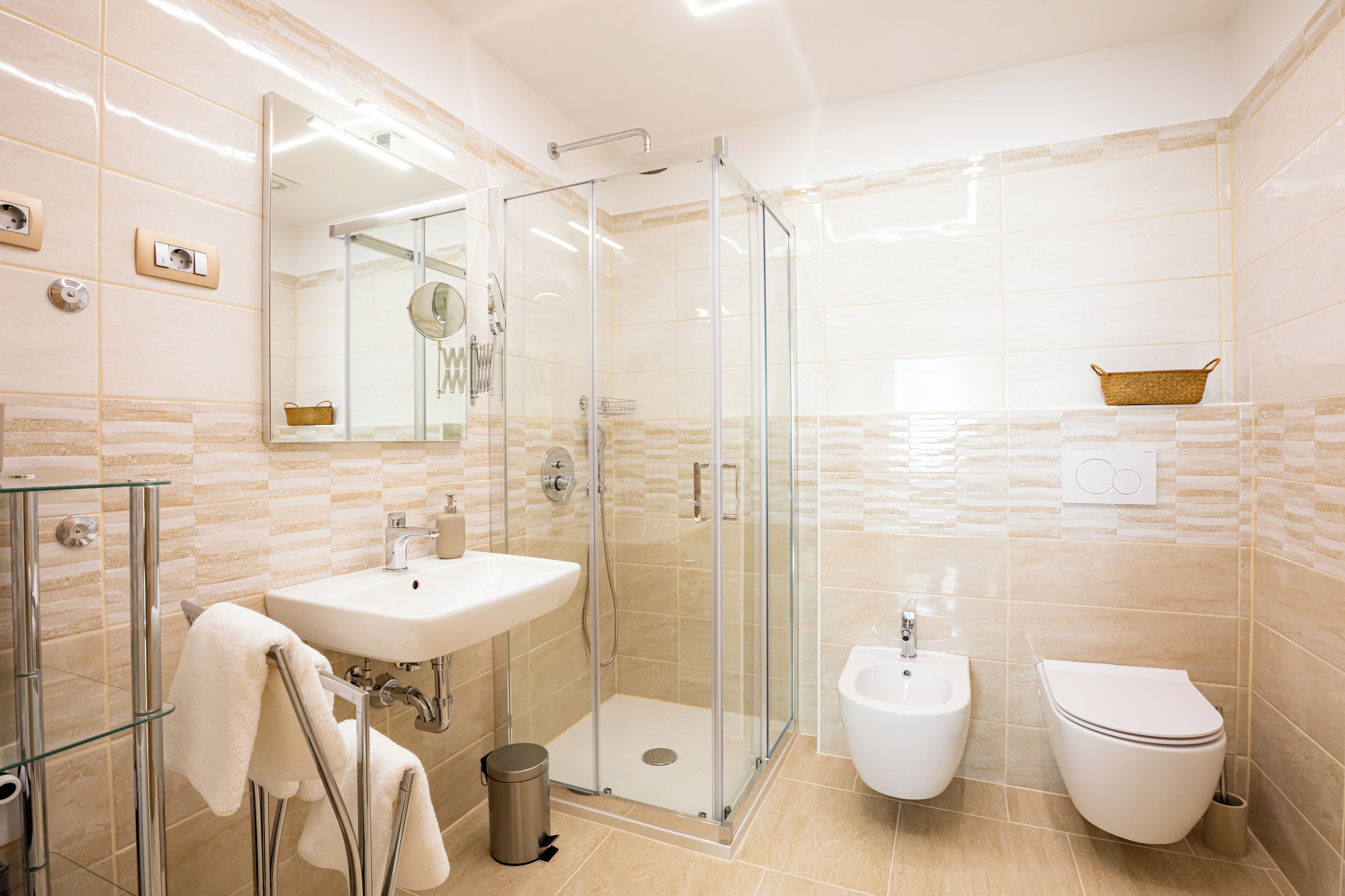 Shower, hair dryer, bidet, towels