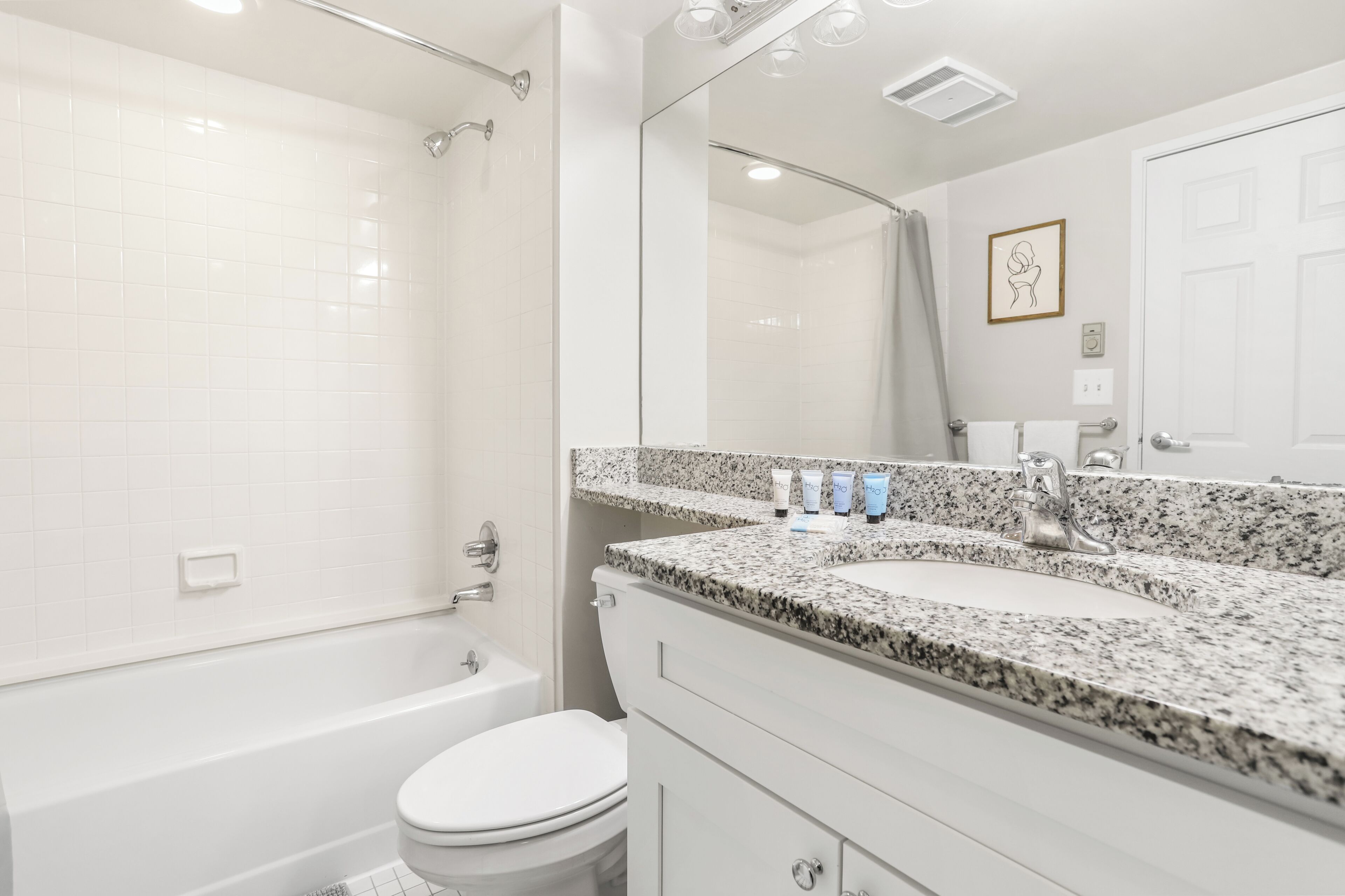 Un baño moderno con una bañera blanca, un inodoro, un lavabo de encimera de granito y un espejo grande.