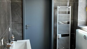 Kylpyhuone, jossa on harmaa ovi, valkoinen pesuallas ja wc-istuin.
