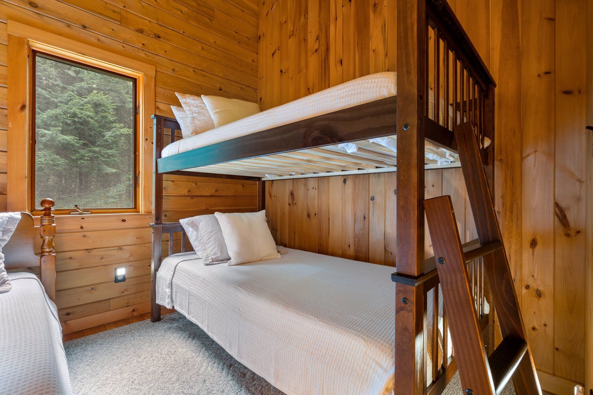 A cabin with a bunk bed, a window with a view of trees, and wooden walls.