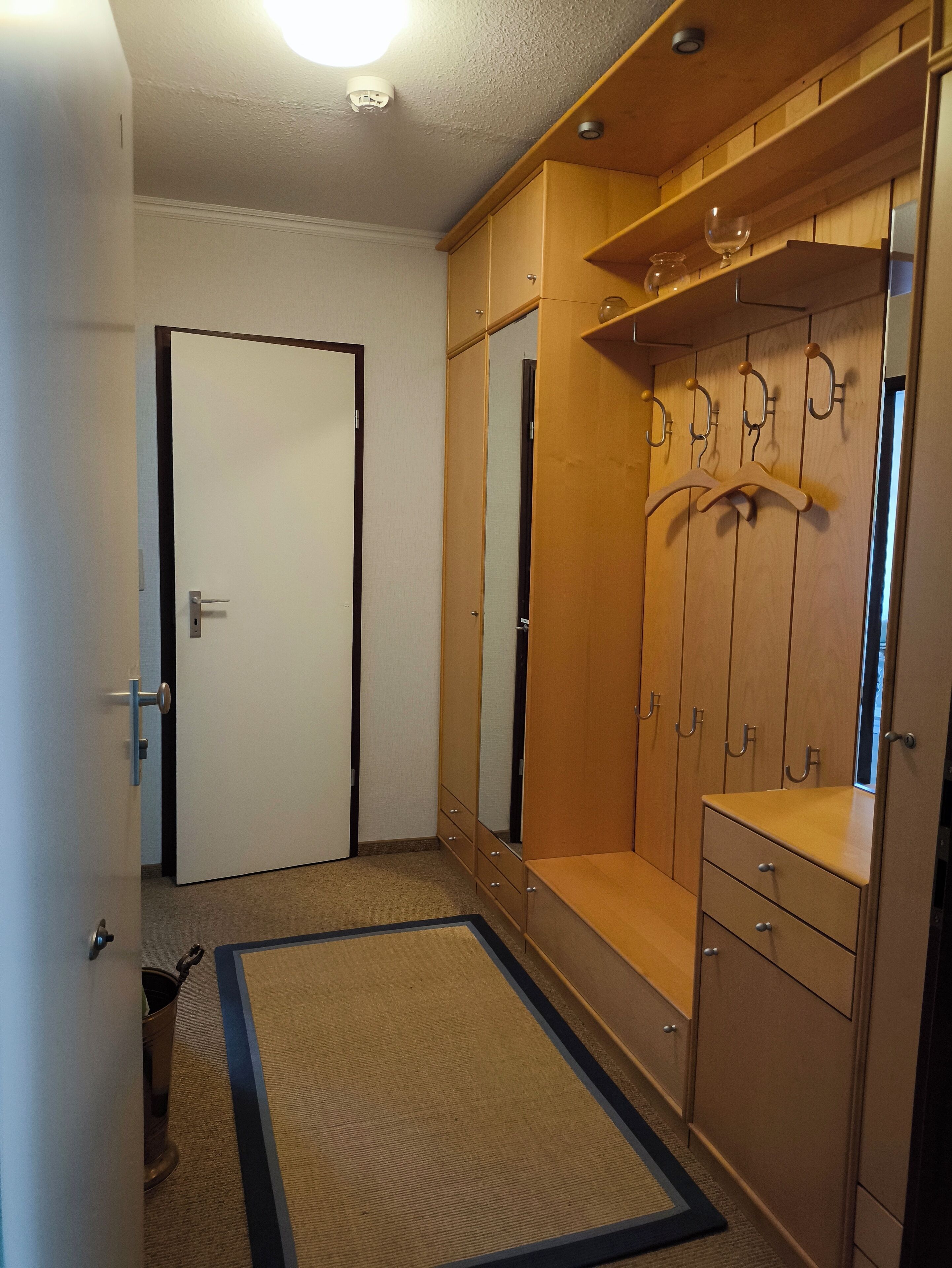 Une pièce avec une armoire, un miroir et une porte.